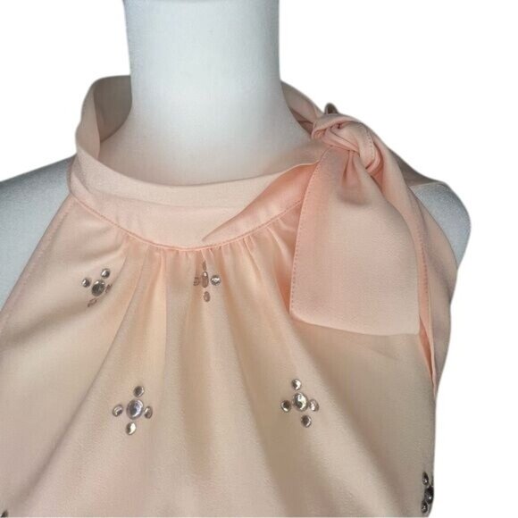 New York & Company Peach Sleeveless Embellished Bow Tie Blouse Medium - Picture 12 of 14